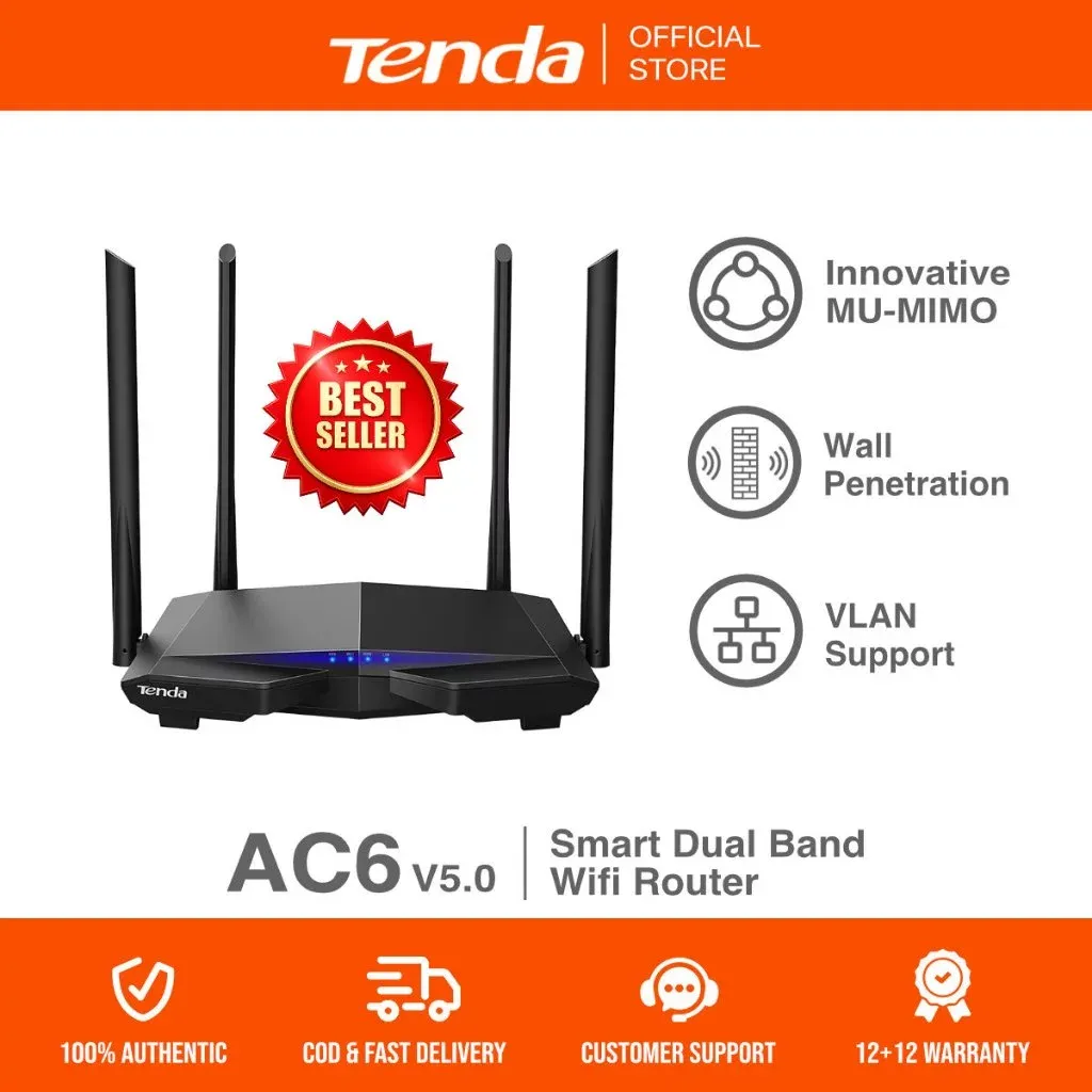 Tenda AC6 AC1200 dual-band Wi-Fi router, flat black body with four external antennas