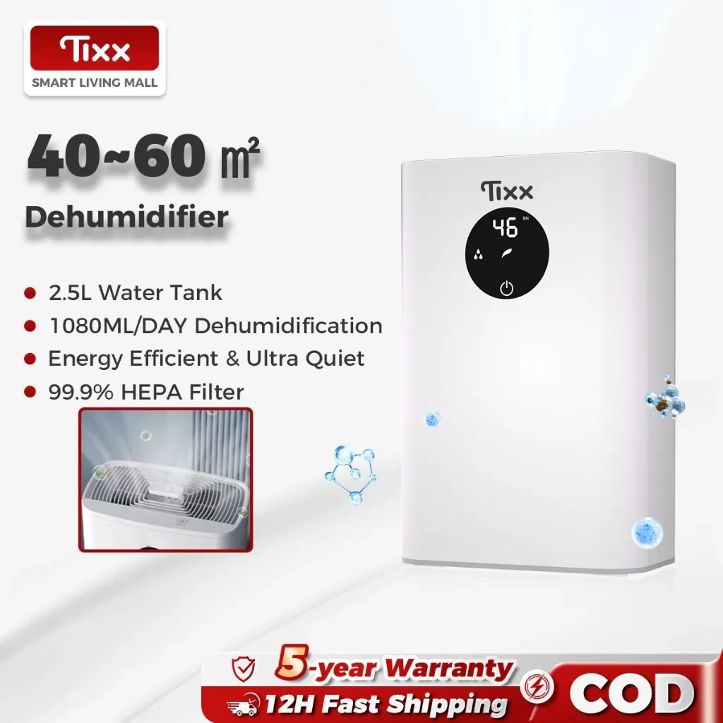 Tixx 2.5L dehumidifier with HEPA filter, slim white unit with round humidity display, front view