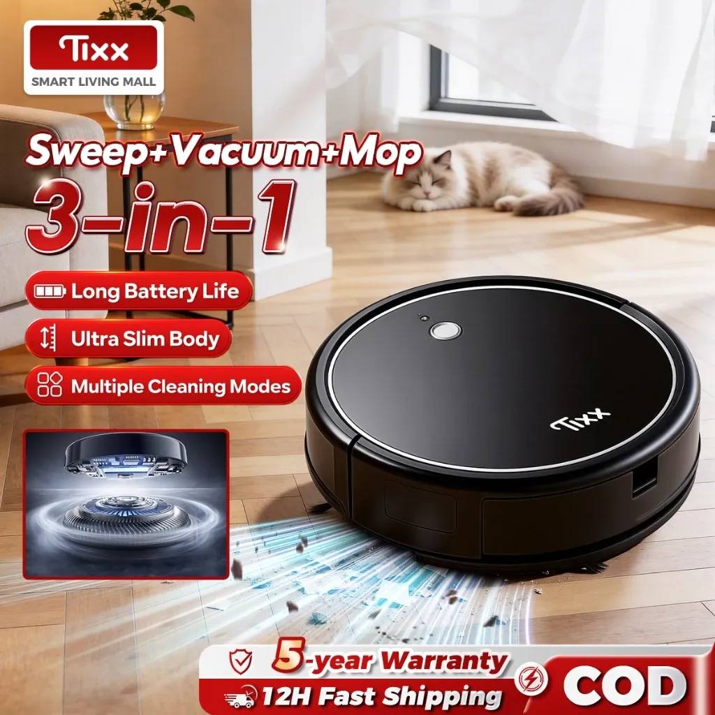 Tixx 3-in-1 black robot vacuum and floor washing robot with water tank