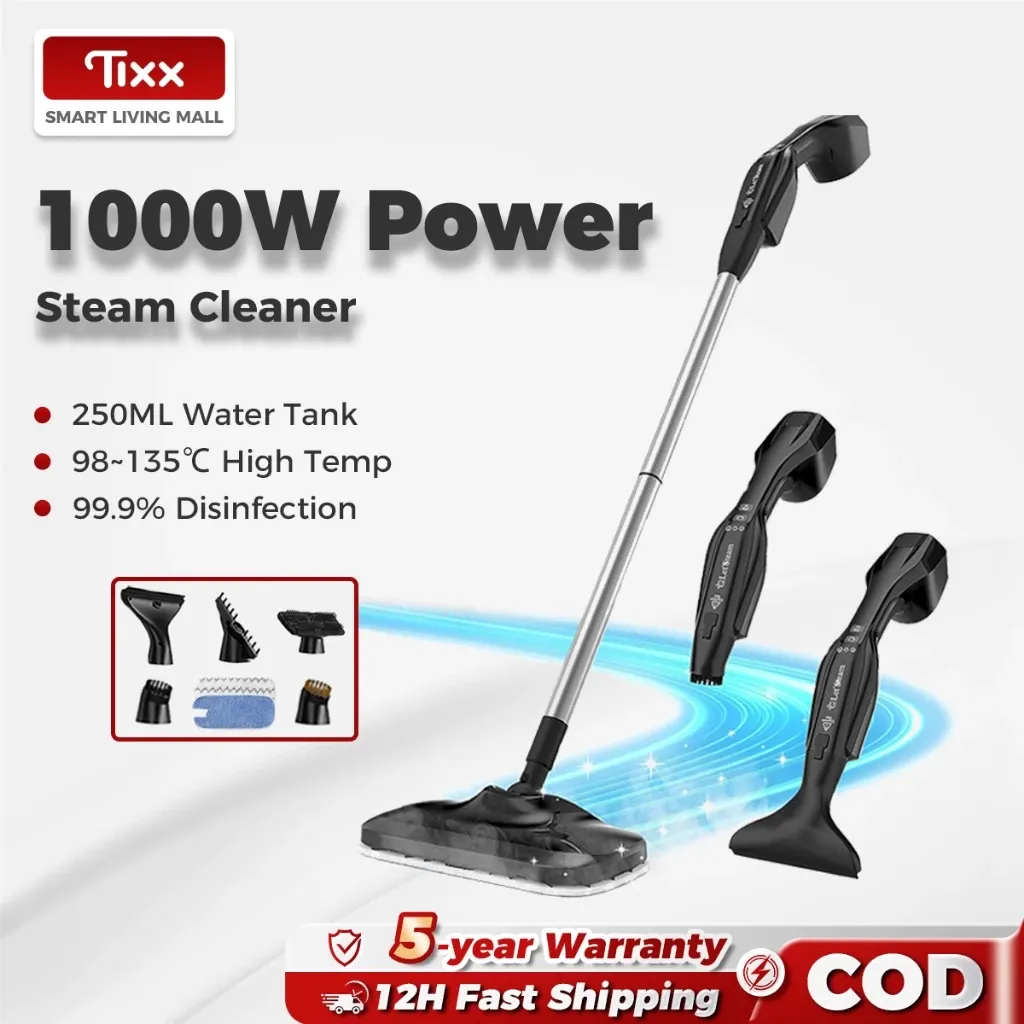 Tixx multi-function steam mop and handheld floor cleaner with attachments, upright view