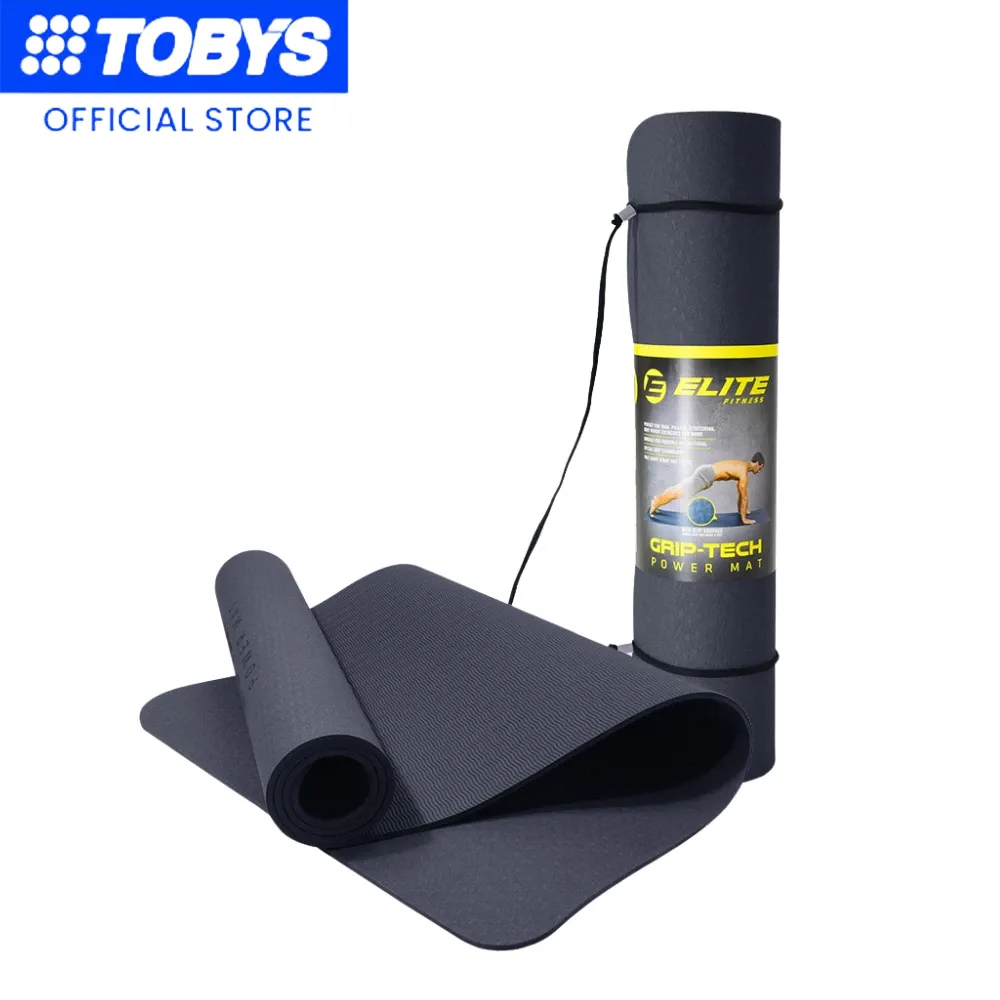 Toby's Sports Elite TPE Grip-Tech yoga mat rolled out with carry strap