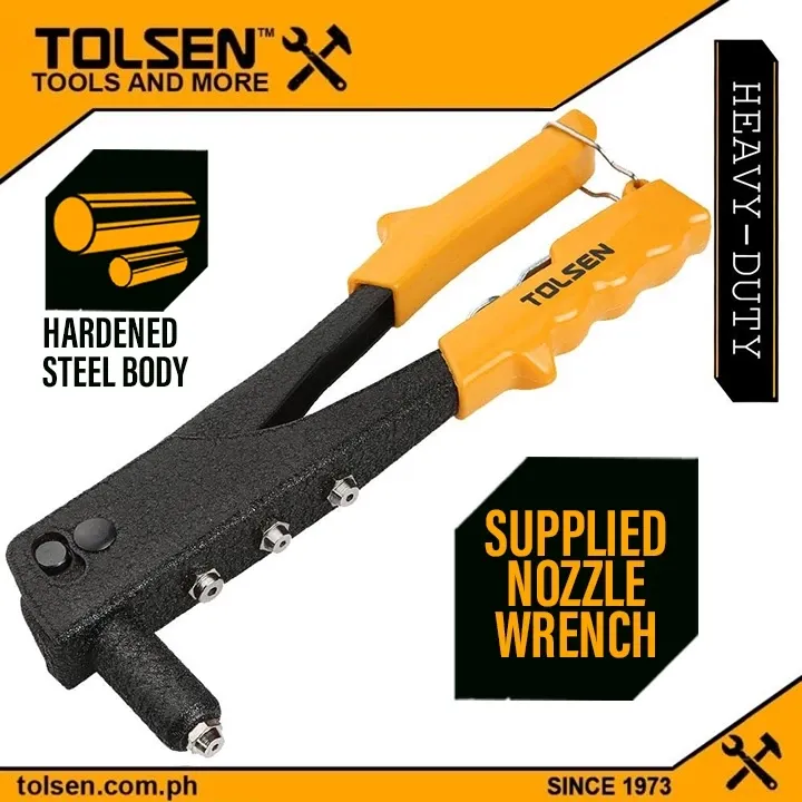 Tolsen 43001 10 inch heavy duty steel hand riveter with yellow arms and black PVC handles