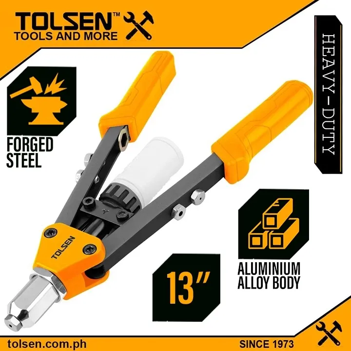 Tolsen 43096 13 inch heavy duty hand riveter with a yellow powder-coated body and black PVC grips