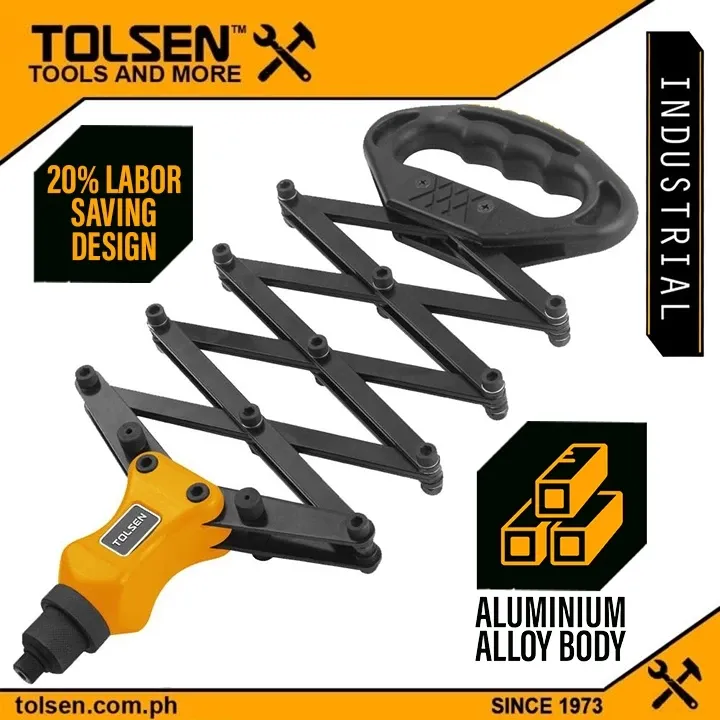 Tolsen 43100 industrial folding hand riveter with long yellow arms extended to 32 inches