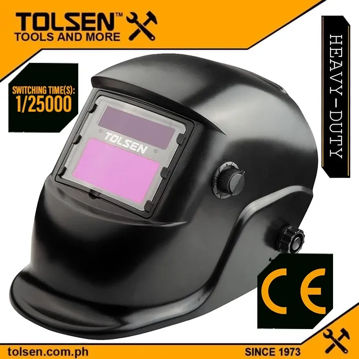 Tolsen 45087 black industrial automatic darkening welding mask with external shade knob, front view
