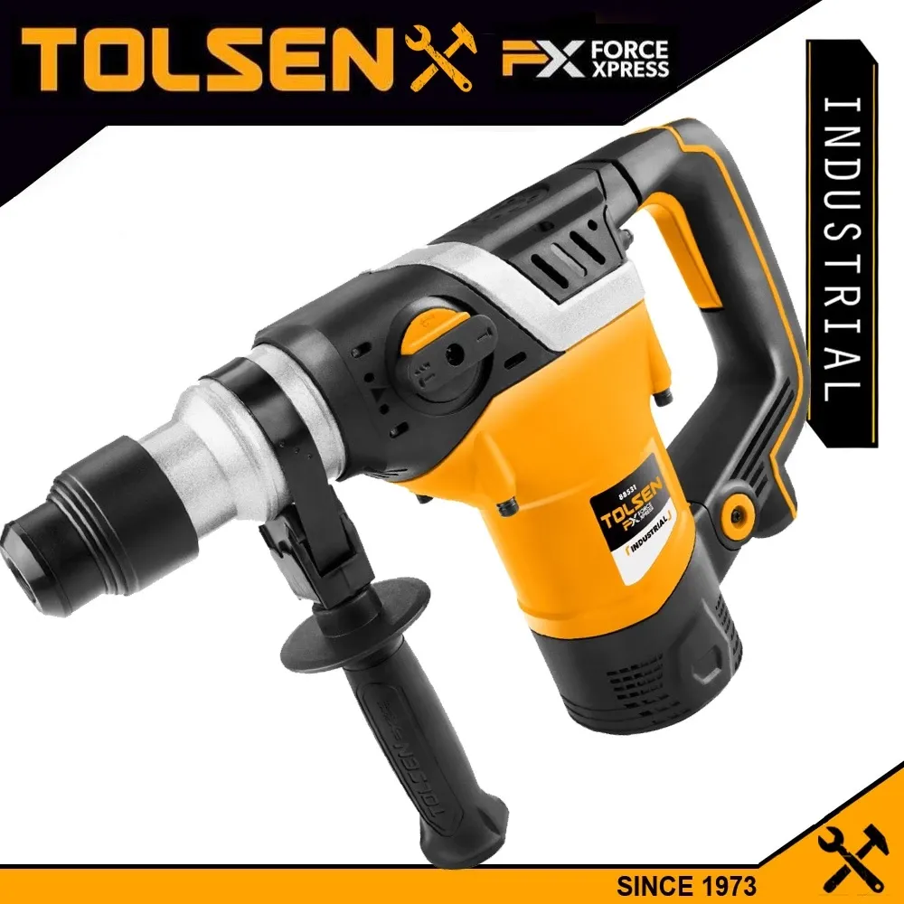 Tolsen 88531 yellow and black 1500W SDS Plus rotary hammer with drill bits and hard case