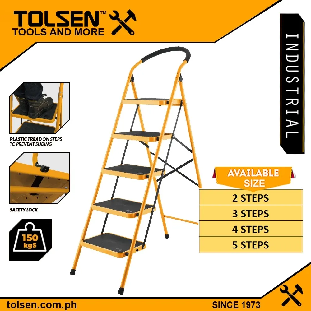 Tolsen industrial steel step ladder with wide anti-slip treads, unfolded