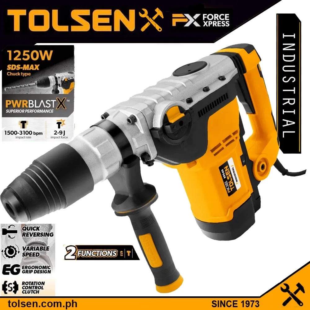 Tolsen 88540 yellow and black 1250W SDS Max rotary hammer with chisels and accessories