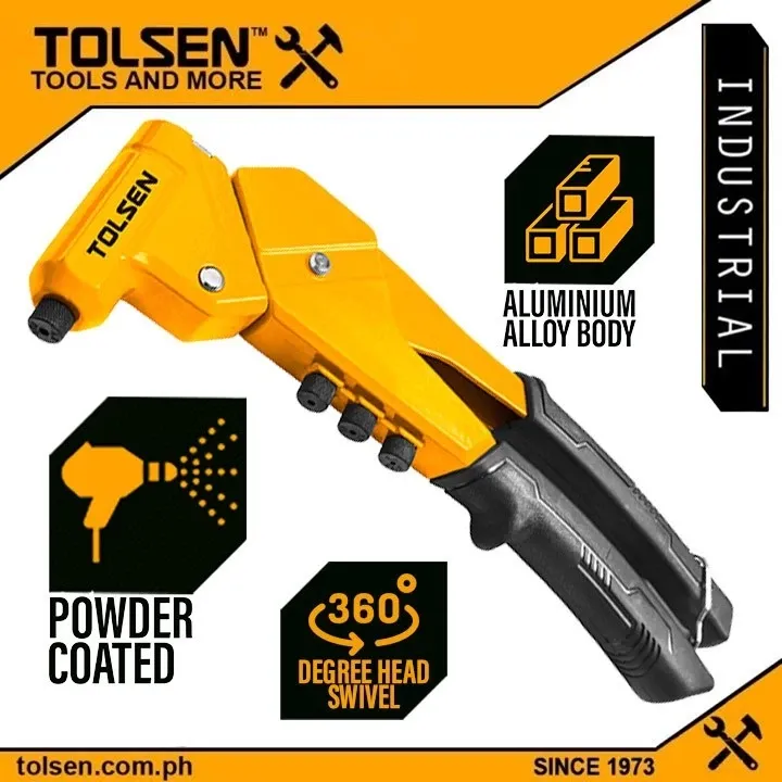 Tolsen industrial hand riveter with a yellow powder coated aluminium alloy body, 360 degree swivel head and black TPR handle