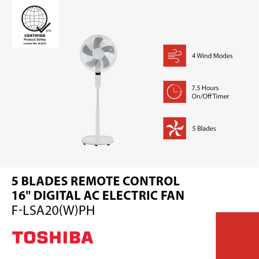Toshiba F-LSA20 16-inch digital AC stand fan in white with 5-blade grille and LED display