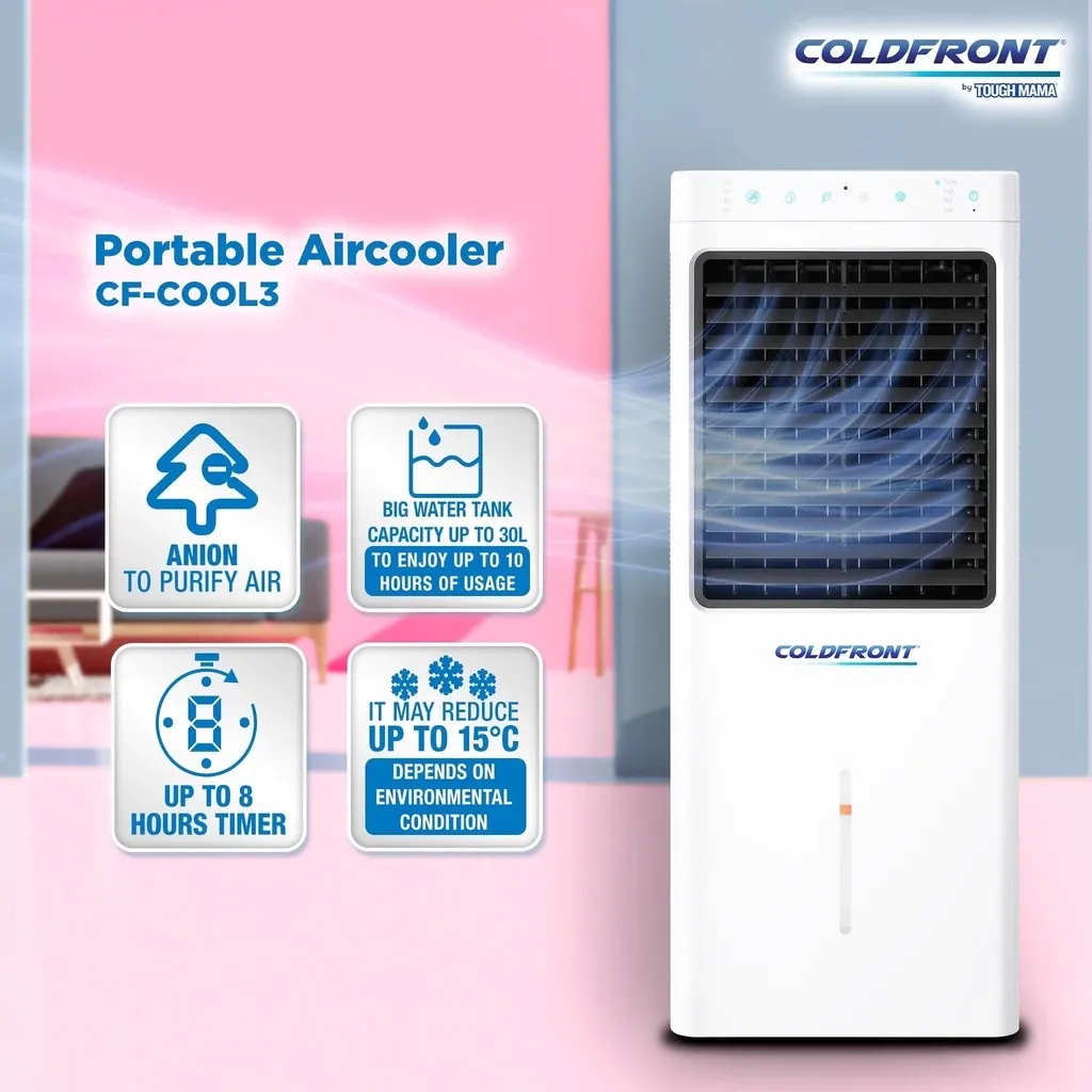 Coldfront by Tough Mama CF-COOL3 air cooler, a white tower with a dark honeycomb front grille and touch controls along the top