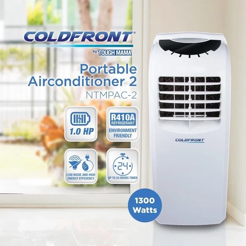 Coldfront by Tough Mama NTMPAC-2 portable air conditioner, a white 1.0HP unit with a curved top vent, beside a window