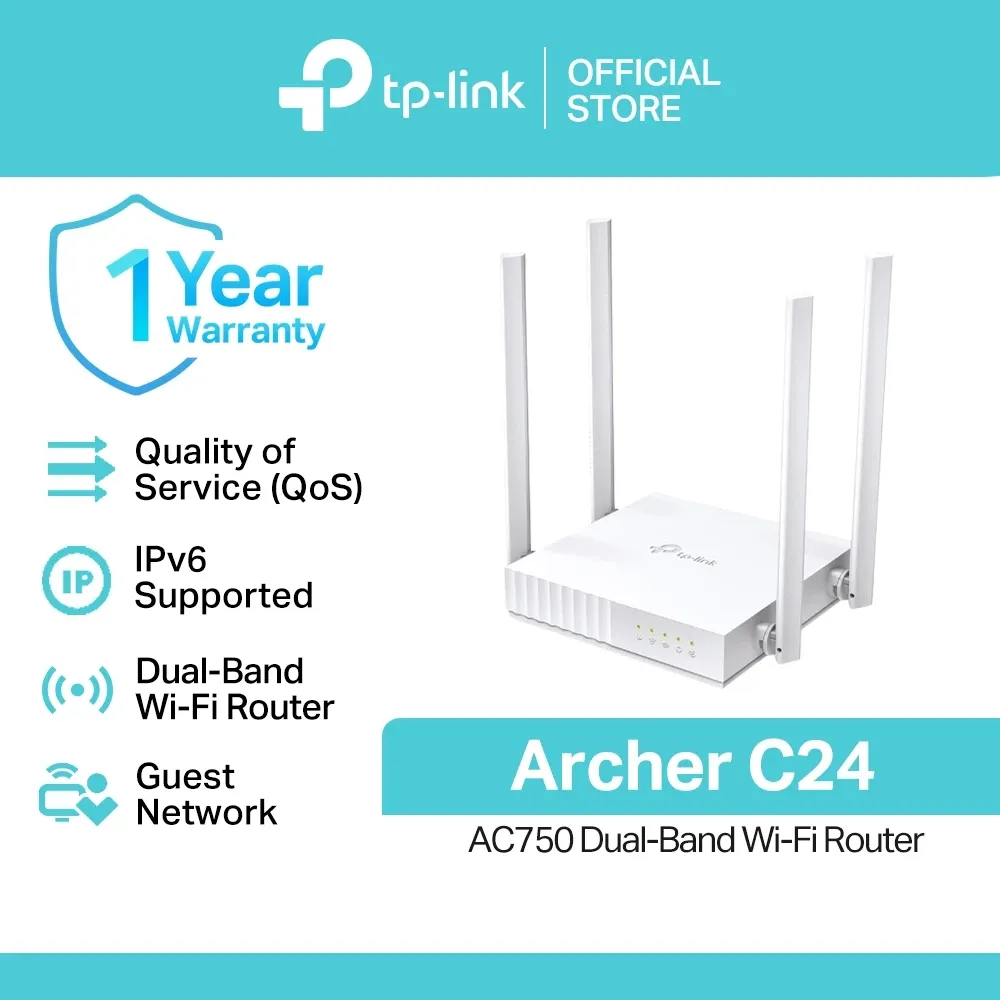 TP-Link Archer C24 AC750 dual-band Wi-Fi router, white flat body with four external antennas