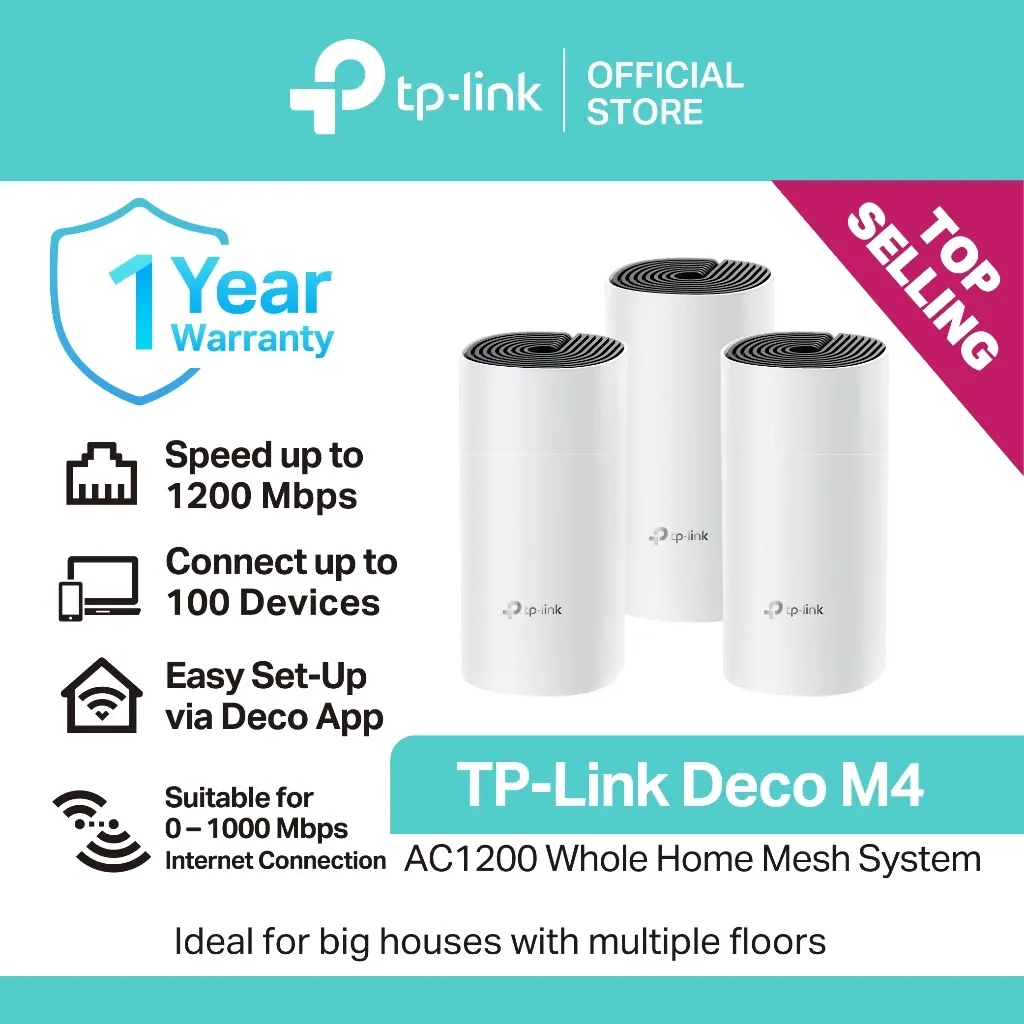 TP-Link Deco M4 AC1200 mesh Wi-Fi units, white cylindrical nodes, front view
