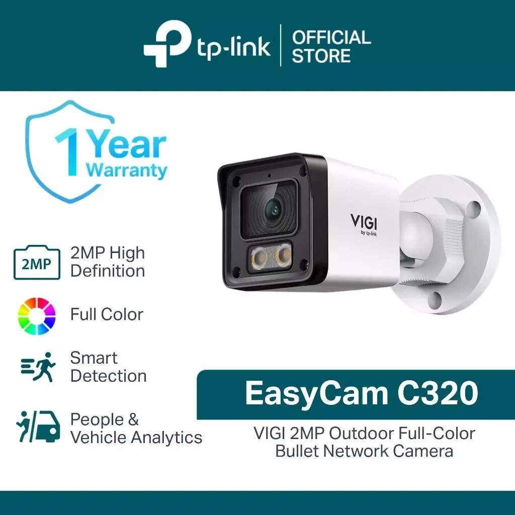 TP-Link EasyCam C320 VIGI, a small white and black bullet network camera on a round wall mount with twin spotlights