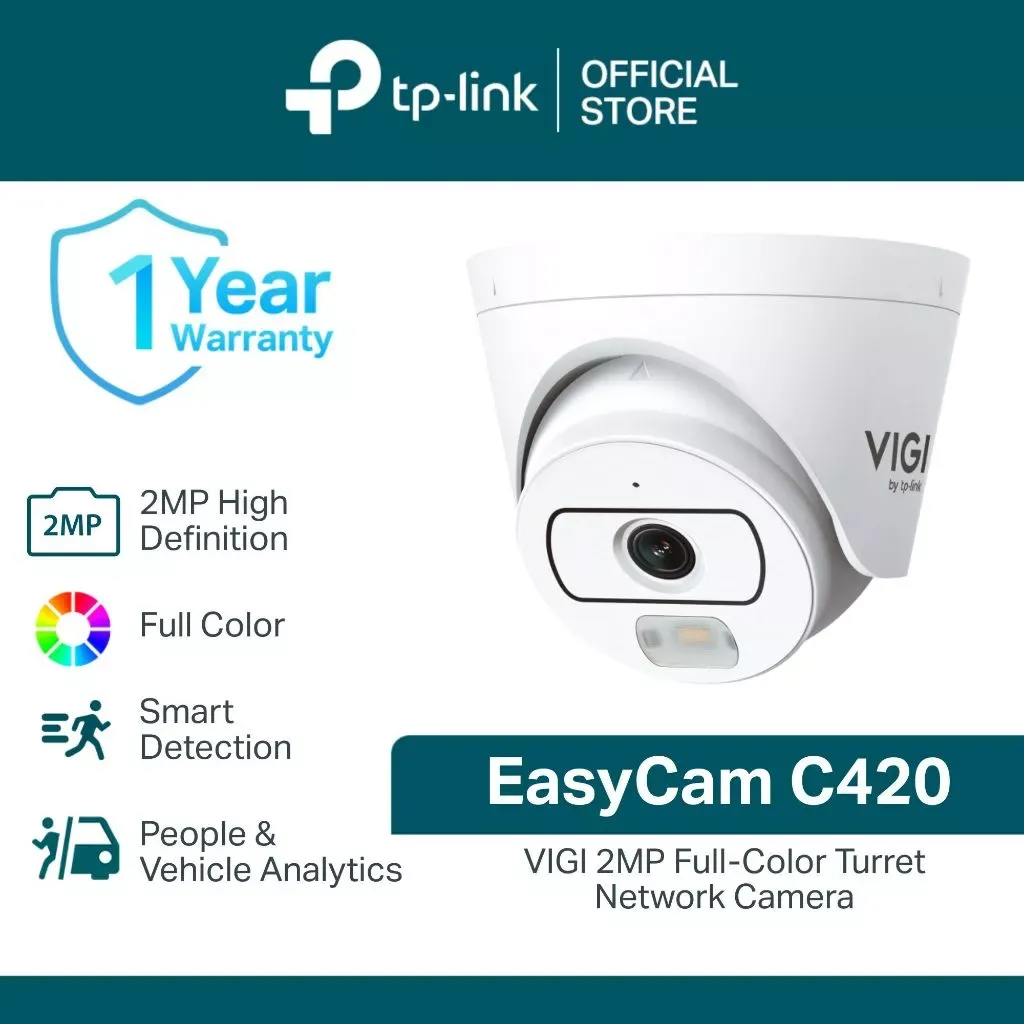 TP-Link EasyCam C420 VIGI, a white turret network camera with a rounded body, central lens and spotlight below it