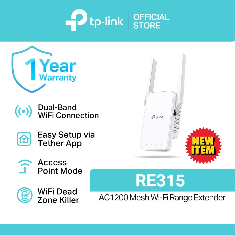 TP-Link RE315 AC1200 Wi-Fi range extender, white wall-plug unit with two external antennas