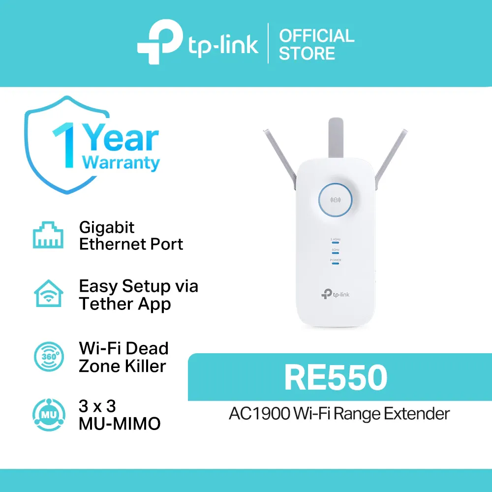TP-Link RE550 AC1900 Wi-Fi range extender, white wall-plug unit with three external antennas