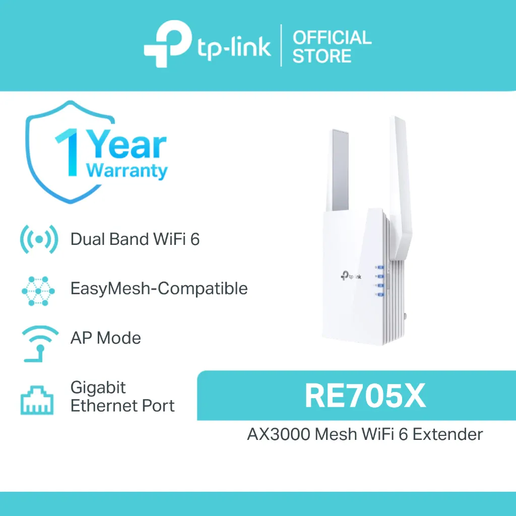 TP-Link RE705X AX3000 Wi-Fi 6 range extender, white wall-plug unit with two external antennas