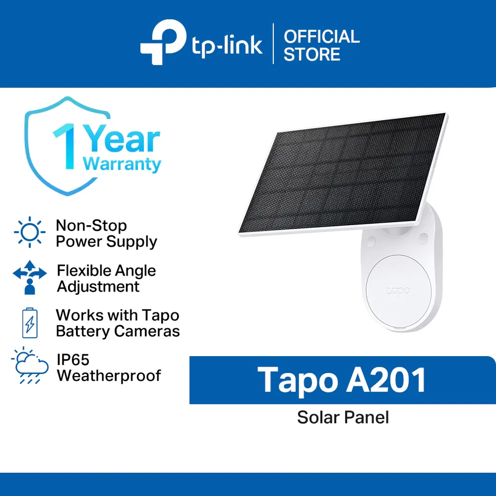 TP-Link Tapo A201 solar panel mounted on its white adjustable bracket, angled toward the sun