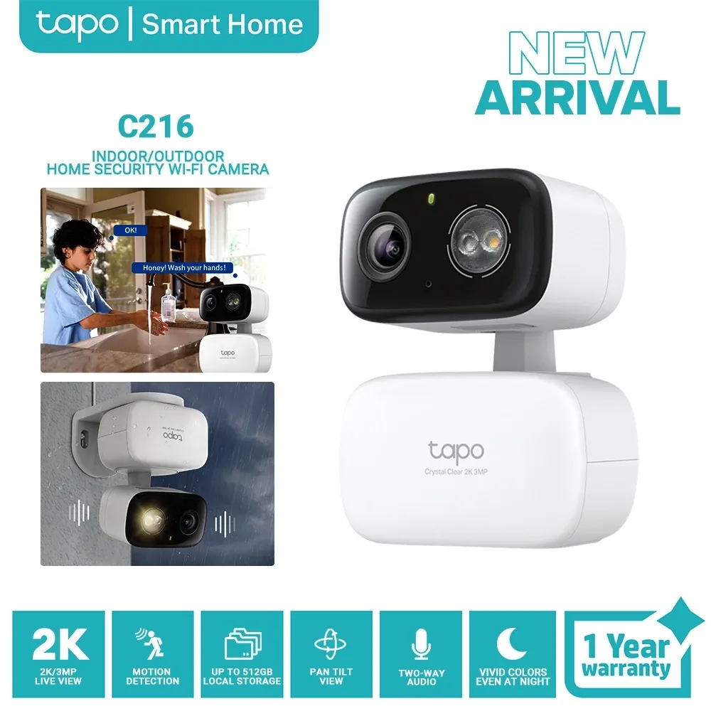 TP-Link Tapo C216 camera, a white pan-and-tilt unit with a lens and spotlight side by side, shown indoors and on a wet outdoor wall