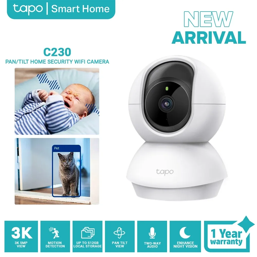 TP-Link Tapo C230, a white pan-and-tilt indoor security camera, shown beside baby-cry and pet detection examples