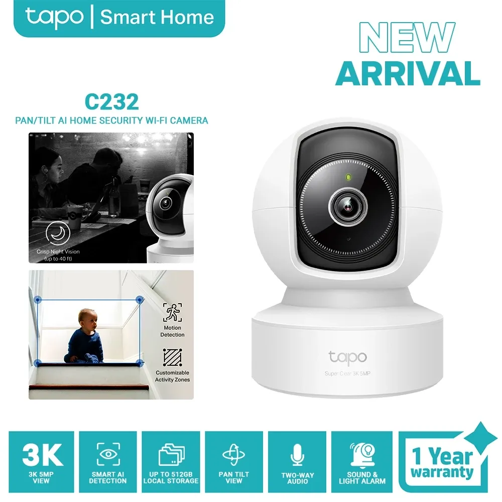 TP-Link Tapo C232, a white pan-and-tilt indoor camera with a ringed lens face, shown with night vision and activity zone examples