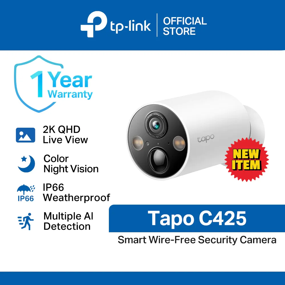 TP-Link Tapo C425 wire-free outdoor camera, a white battery-powered cylinder with a lens, PIR sensor and two spotlights