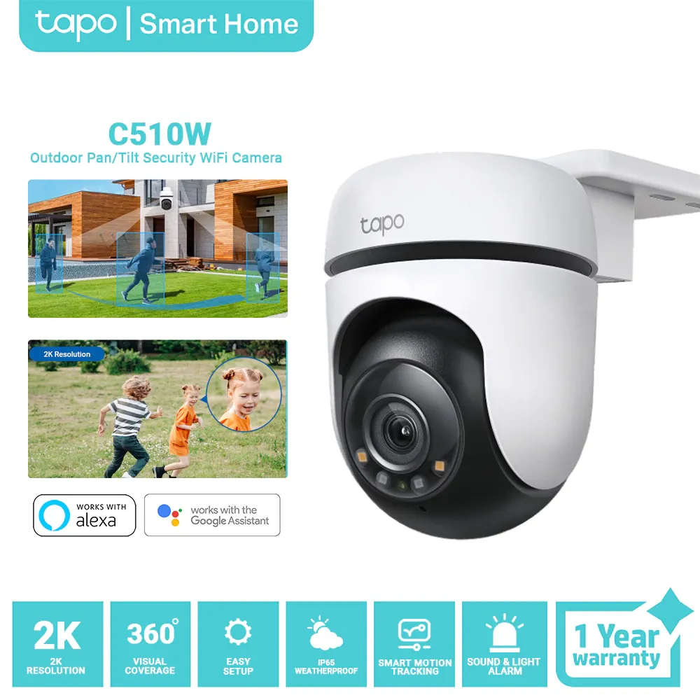 TP-Link Tapo C510W outdoor camera, a white pan-and-tilt dome on a wall bracket with spotlights beside the lens