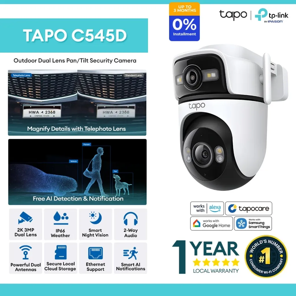 TP-Link Tapo C545D outdoor camera, a white unit with a fixed telephoto lens above a pan-and-tilt lens, both with spotlights