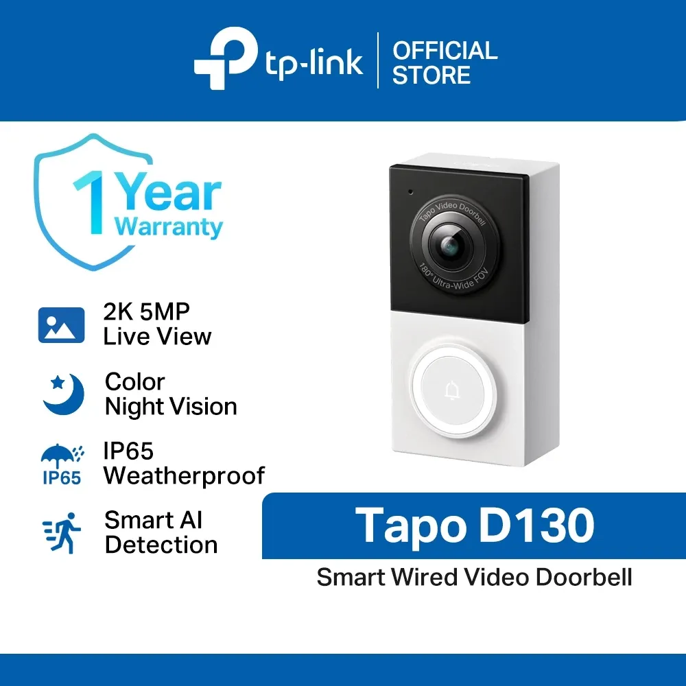 TP-Link Tapo D130 2K wired video doorbell mounted beside a door frame