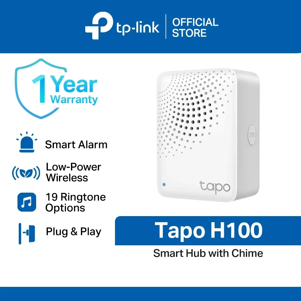 TP-Link Tapo H100 smart hub with built-in chime, plugged into a wall socket