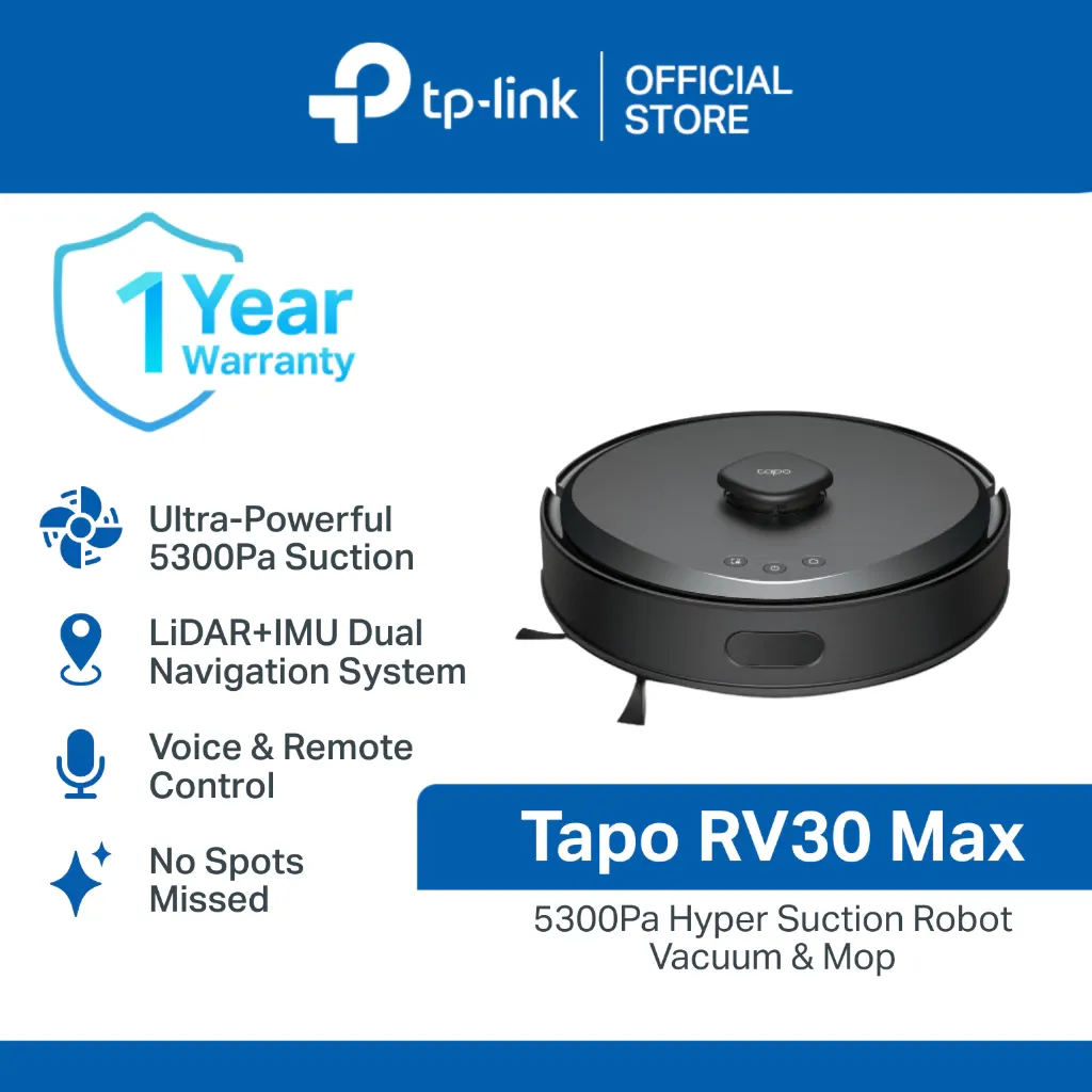 TP-Link Tapo RV30 Max white robot vacuum with LiDAR turret on its charging base
