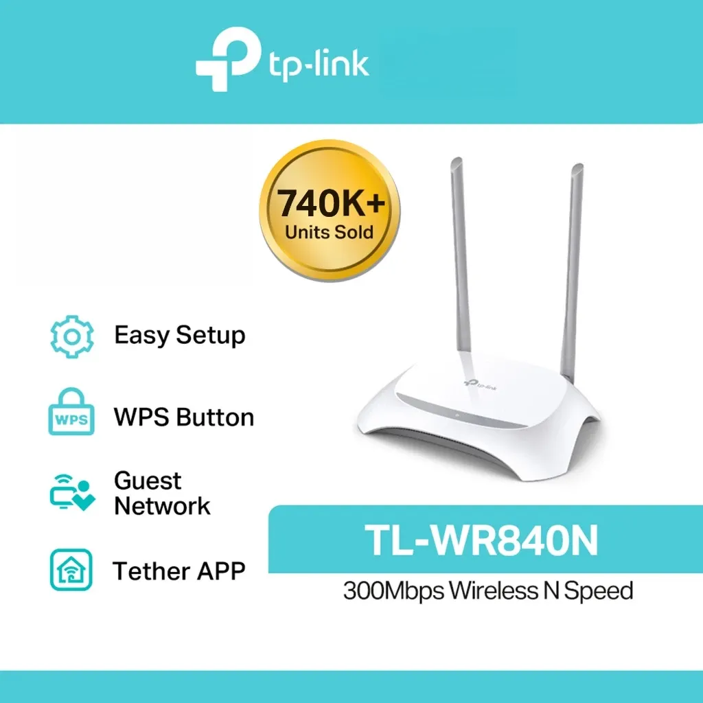 TP-Link TL-WR840N 300Mbps wireless N router, white body with two fixed antennas