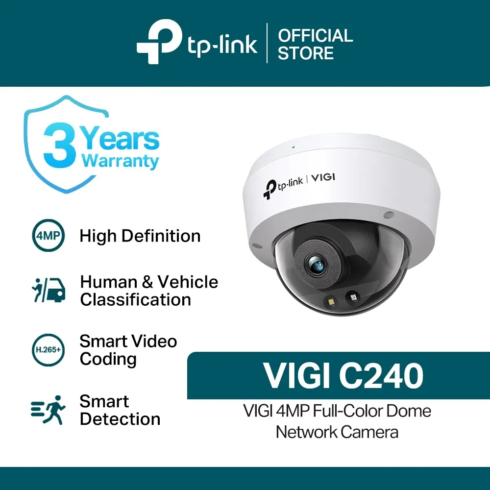 TP-Link VIGI C240, a white vandal-resistant dome network camera with a dark tinted cover over the lens
