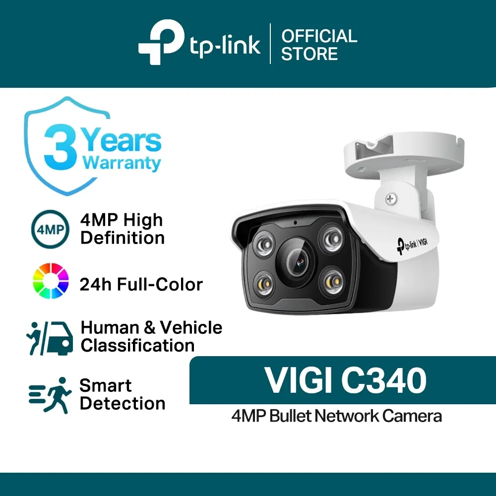 TP-Link VIGI C340, a white and black bullet network camera on a ceiling bracket with four spotlights around the lens