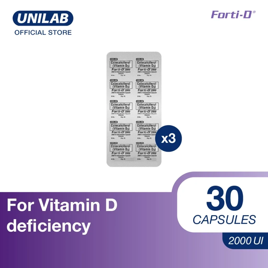 Unilab Forti-D 2000 IU vitamin D3 softgel capsules box, front view