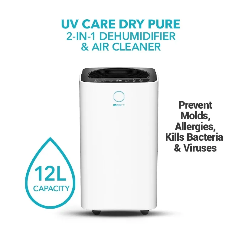 UV Care Dry Pure 12L 2-in-1 dehumidifier and air cleaner, white unit on caster wheels, front view