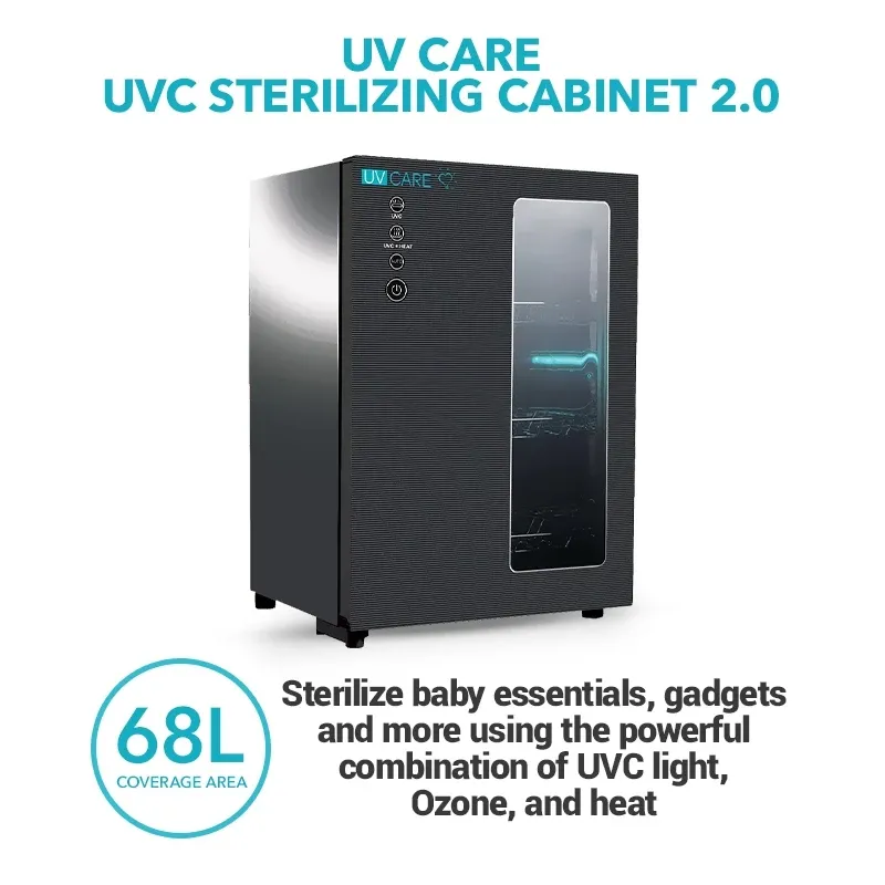 UV Care black 68L UVC sterilizing cabinet with a glass door showing the interior UVC lamp and wire shelves, front view