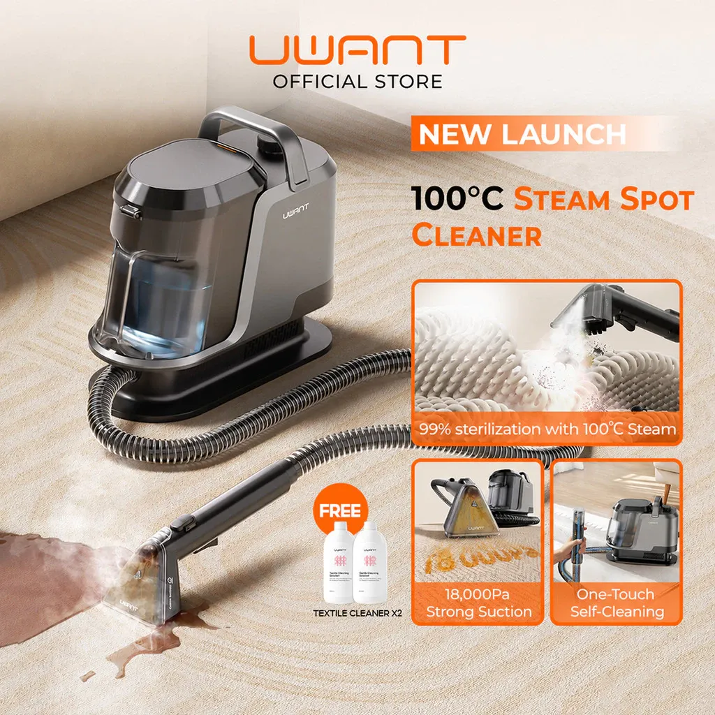 UWANT Y100 steam spot cleaner with clear dual tanks and brush tool, front view