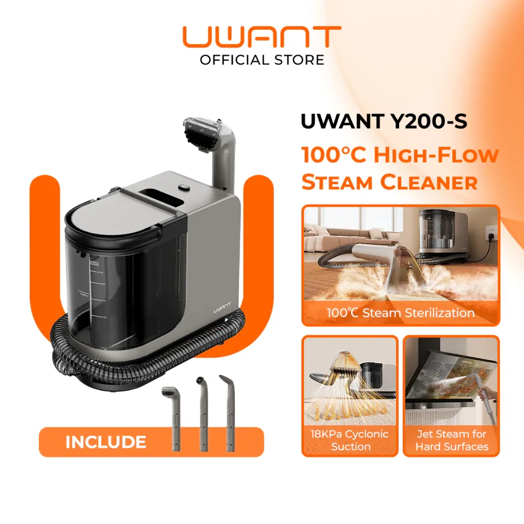 UWANT Y200-S steam spot cleaner with dual water tanks and hose, front view