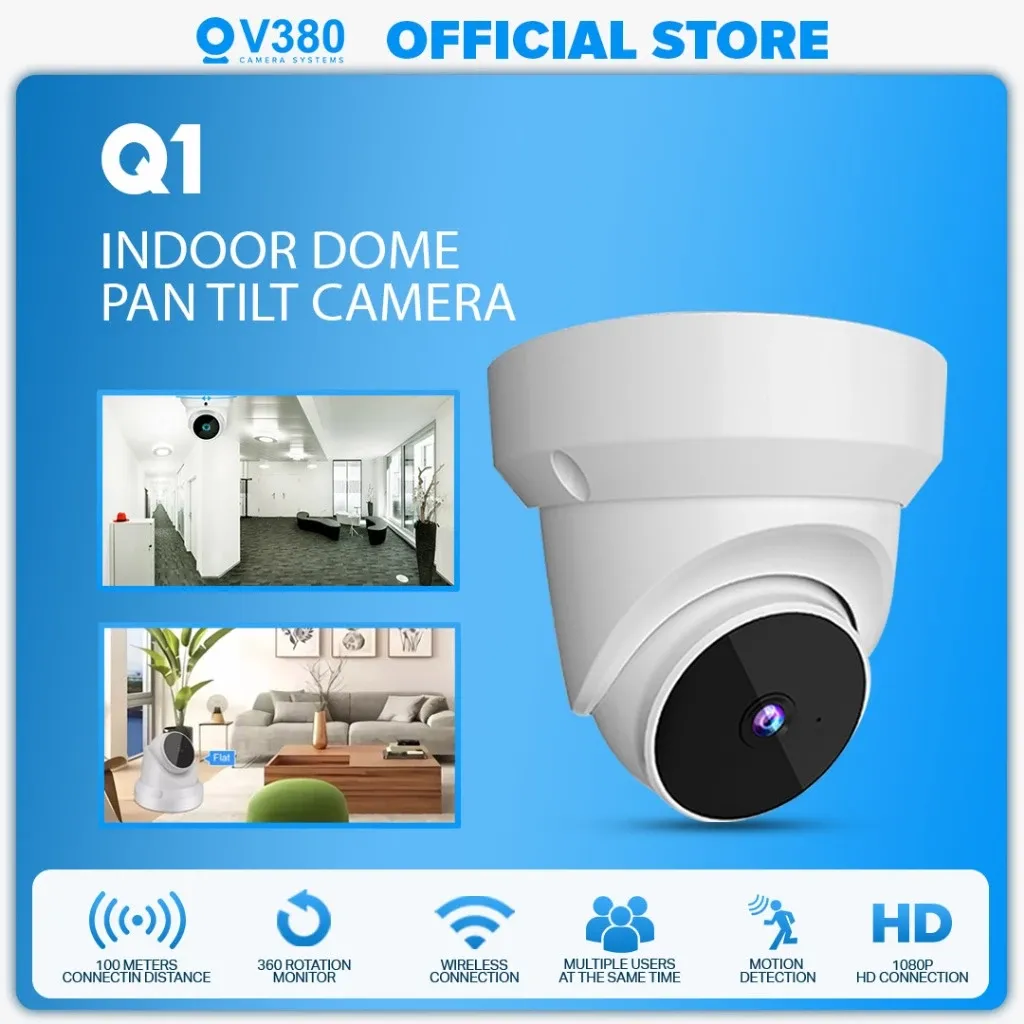 V380 Q1 indoor dome camera, a white ceiling-mount turret unit, shown installed in a hallway and on a living room shelf