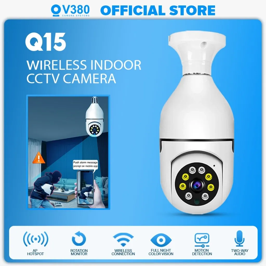 V380 Q15 bulb CCTV camera with a white E27 base and a pan and tilt lens head ringed by white and infrared LEDs