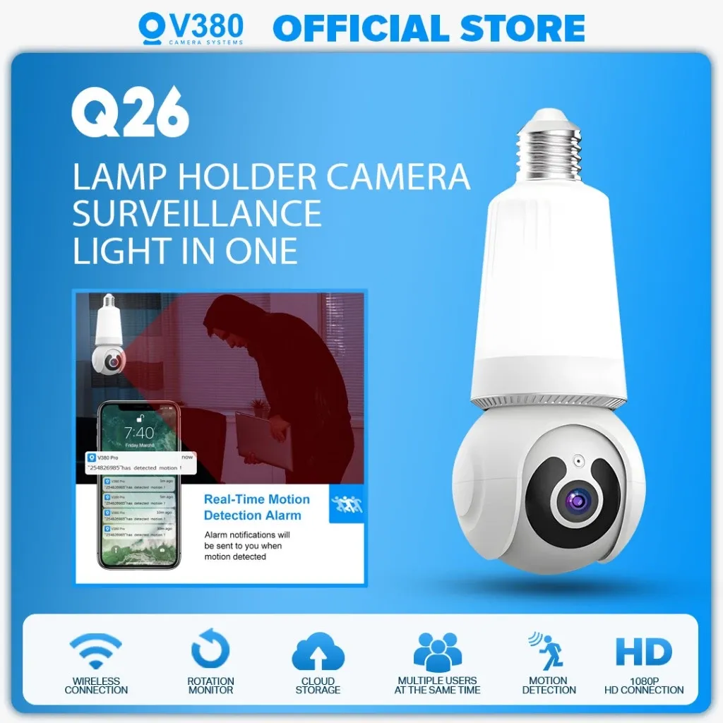 V380 Q26 bulb CCTV camera with a white lamp section above and a pan and tilt camera head below, on an E27 base