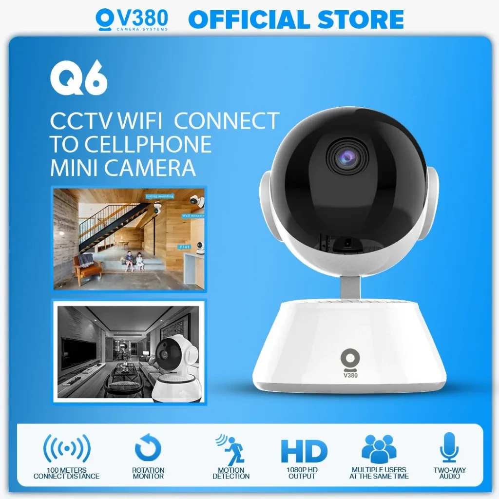 V380 Q6 Pro indoor camera, a glossy black ball head on a white trapezoid base, shown with ceiling, wall and flat mounting options