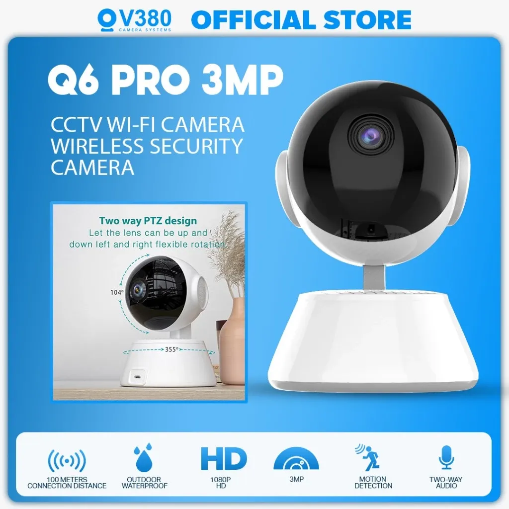 V380 Q6 Pro 3MP indoor camera, a glossy black ball head on a white trapezoid base, shown with 355-degree pan and 104-degree tilt arrows