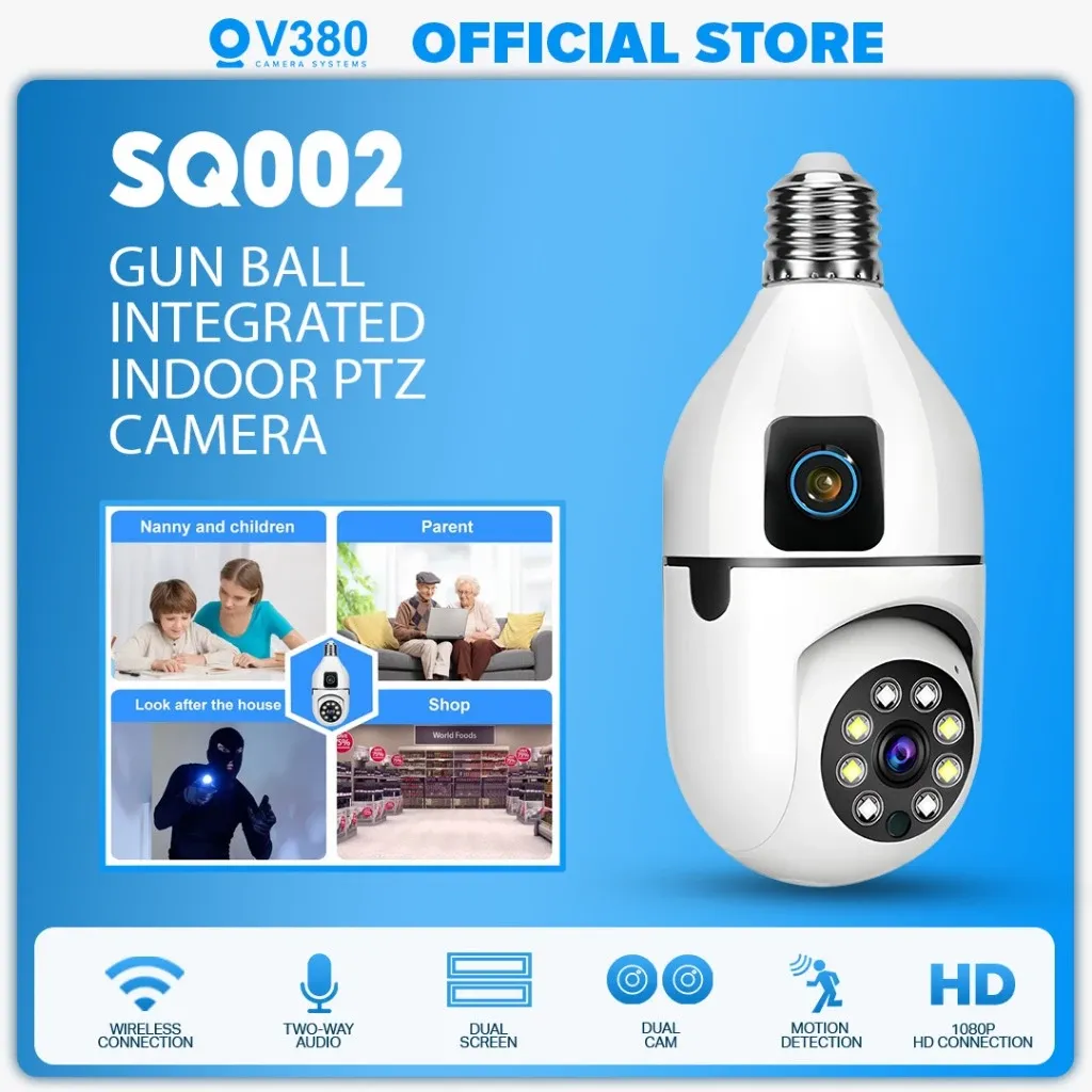 V380 SQ002 dual lens bulb CCTV camera with a square upper lens and a rotating lower lens ringed by LEDs, on an E27 base