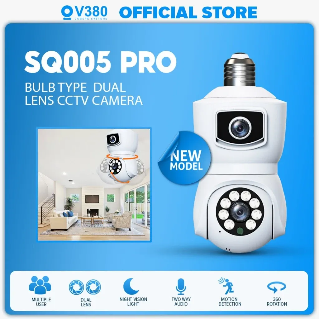 V380 SQ005 Pro dual lens bulb CCTV camera with a fixed upper lens and a rotating lower lens ringed by LEDs, on an E27 base