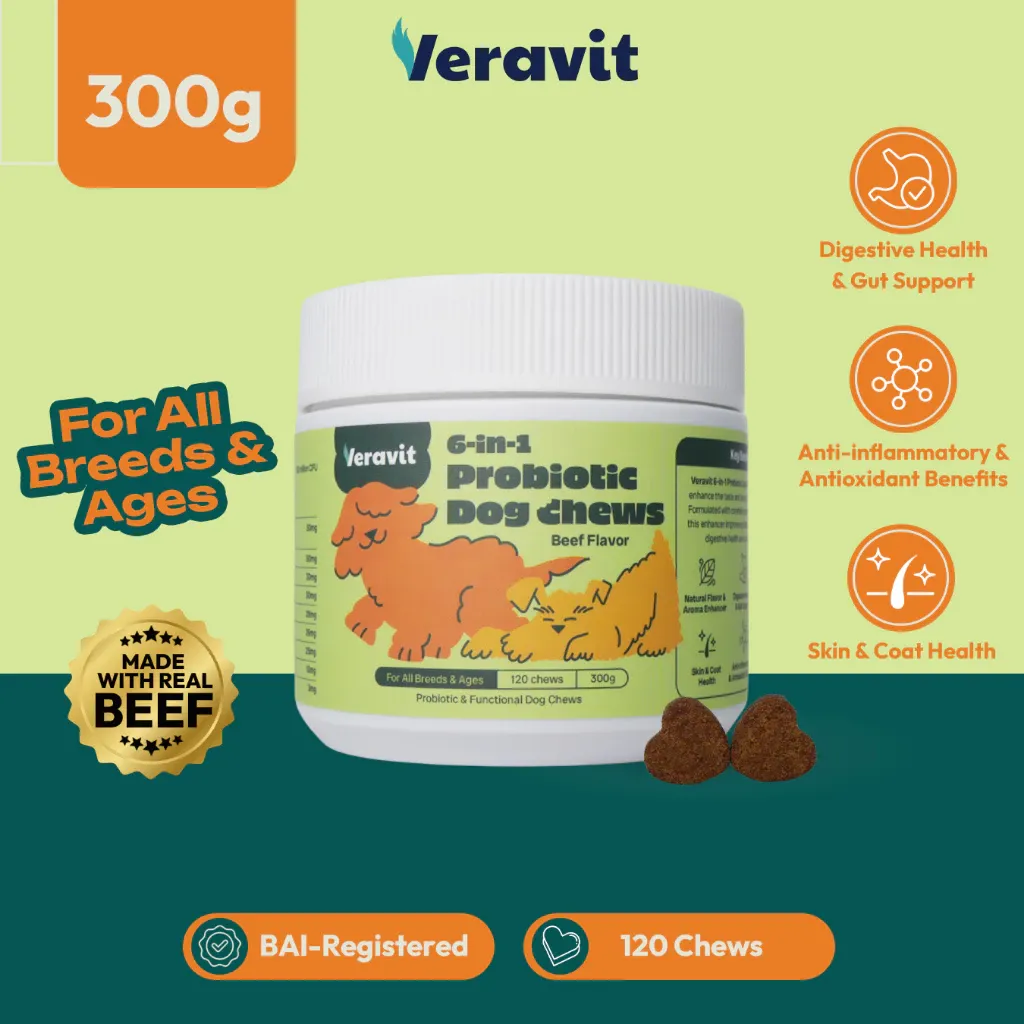 Veravit 6-in-1 Probiotic Dog Chews 300g tub, front view