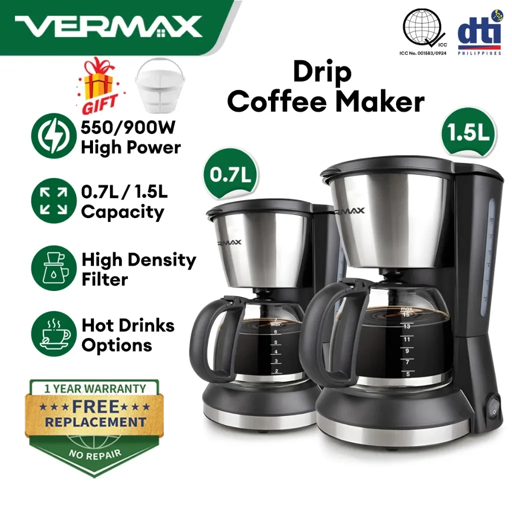 Vermax 1500ml drip coffee maker with anti-drip spout and water-level scale